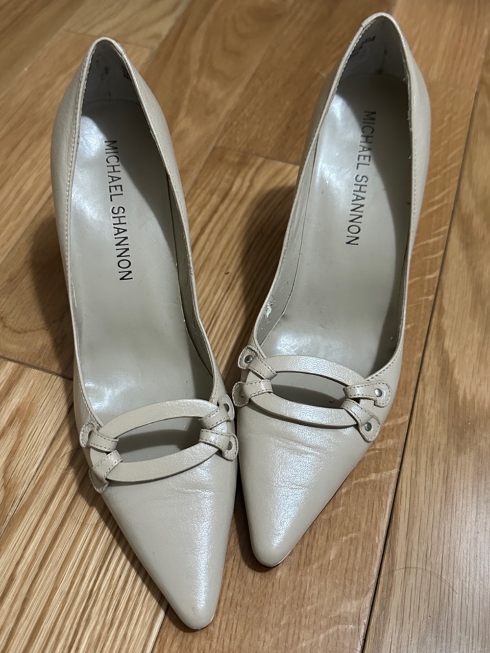 Michael Shannon Beige Pointed-Toe Leather Heels with Decorative Buckle